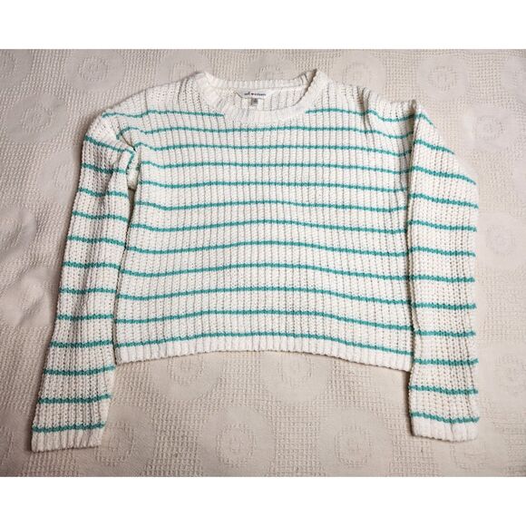 Striped Cropped Sweater Vintage Style S Oversize Self Esteem White & Teal - Picture 6 of 6